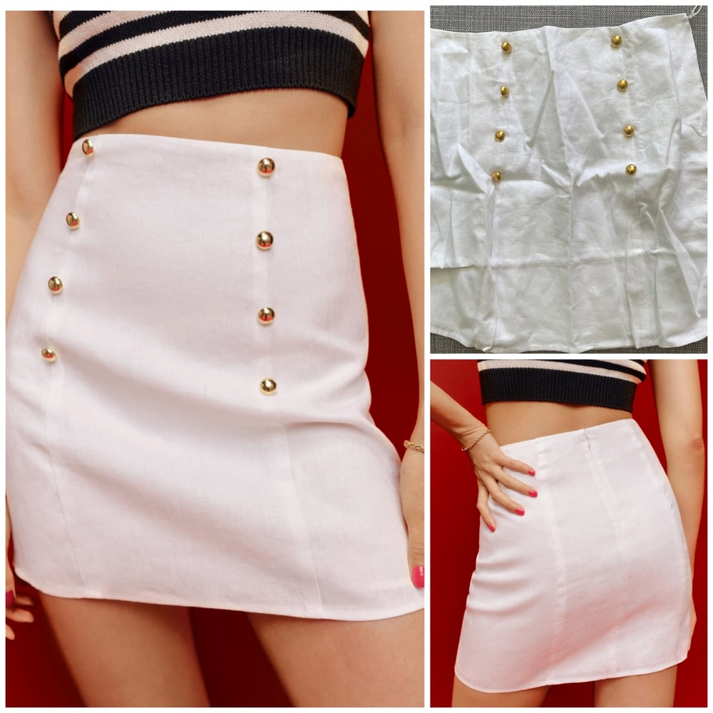 ✴️ NWT REFORMATION MIA LINEN SKIRT WHITE WITH GOLD BUTTONS SIZE 8 | FIRM PRICE |
